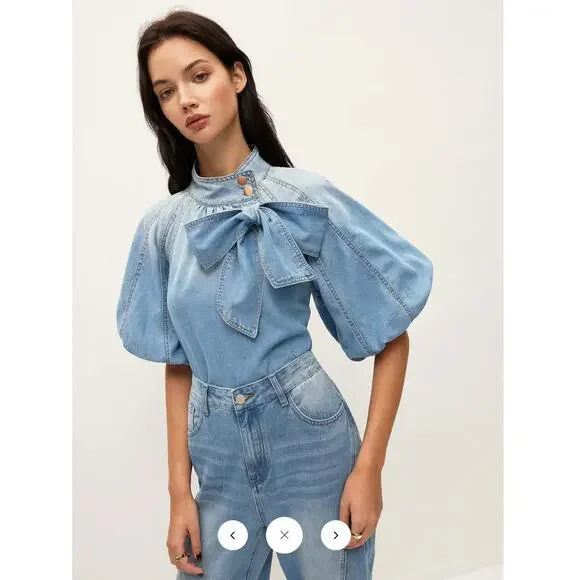 NWT Commense Denim Puff-Sleeve Top With Bow Detail Sz L - Picture 3 of 7